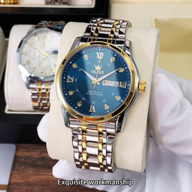 OLEVS Men's Stainless Steel Watch, Large Face Roman Numerals Diamond Accented Three-Hand Analog Quartz Watches for Men, Easy to Read Day Date Waterproof Luminous Mens Wristwatch