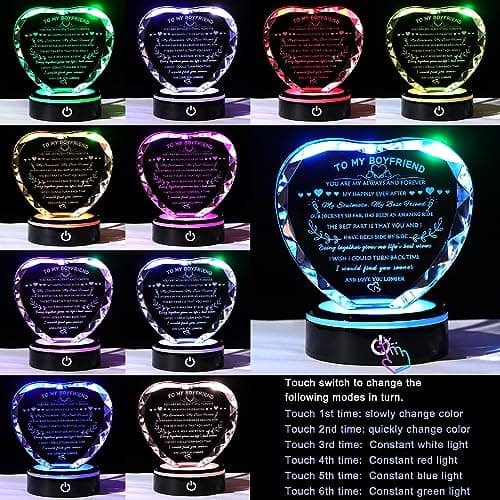 YWHL Gifts for Boyfriend with Colorful LED Base Unique Birthday Gift Ideas from Girlfriend Romantic Heart Crystal Keepsakes to My Anniversary Christmas Valentine Day Clear 4.33*3.74*.1.18
