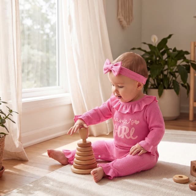 Soft waffle knit romper with ruffle trim, snap closure and matching bow headband QITUDATEY Baby Girl Waffle Knit Romper with Headband, Ruffle Jumpsuit B0HCKVJZZB