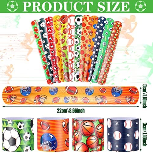 Deekin 48 Pcs Sports Party Favors Slap Bracelets Football Baseball Soccer Snap Bracelet Bands Slap Bands Colorful Decorations for Kids Birthday Party Supplies, 8.8 x 1.2 Inch