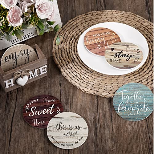 Wooden Coasters for Drink with Holder, 4'', Funny Home Decoration for Family Coffee Bar Table Protection, New Home Gift Ideas Queekay House Warming Gifts New Home Farmhouse Coasters Set of 6, Mixed B0BRSGRGBG