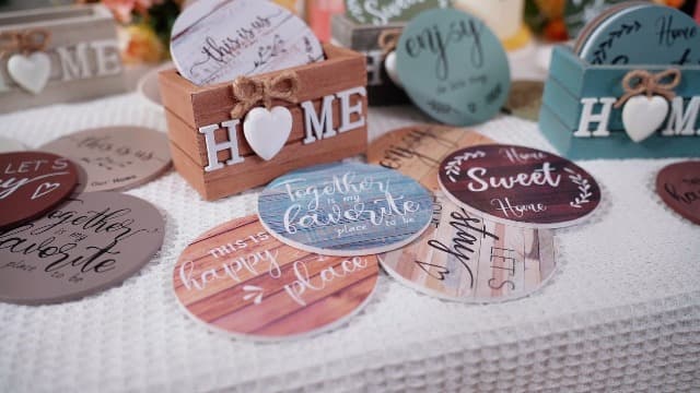 Wooden Coasters for Drink with Holder, 4'', Funny Home Decoration for Family Coffee Bar Table Protection, New Home Gift Ideas Queekay House Warming Gifts New Home Farmhouse Coasters Set of 6, Mixed B0BRSGRGBG