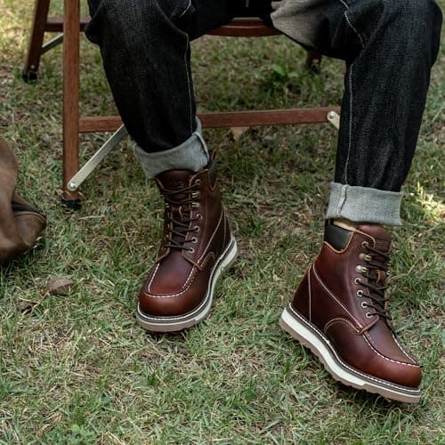 SAFETY LOONG Moc Toe Work Boots for Men Waterproof Soft/Steel Toe Comfortable Full Grain Leather Non Slip Wedge Outsole Construction 6" Workboots