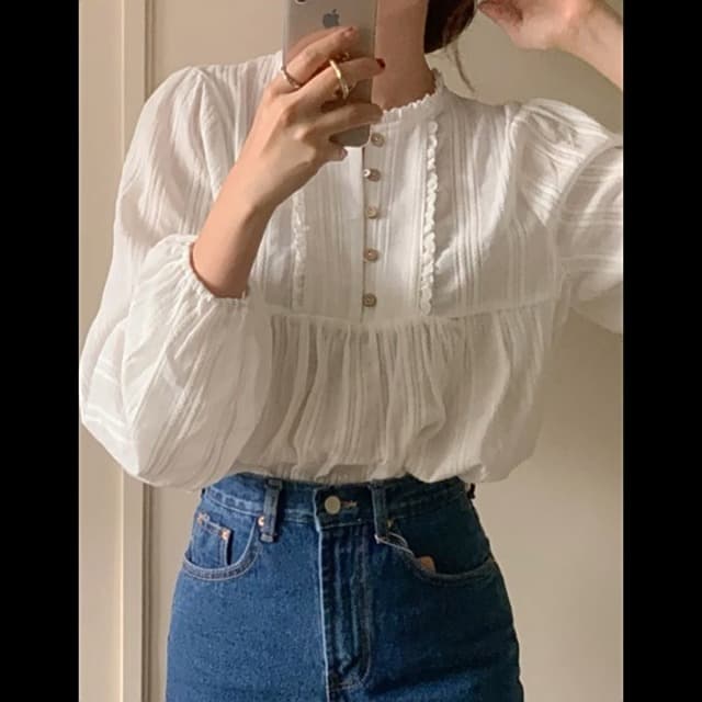 UICIOP Korean Version of Women's Shirt, Women's Sweet Round Neck Pleated Small lace top, Women's Long Sleeved Shirt top