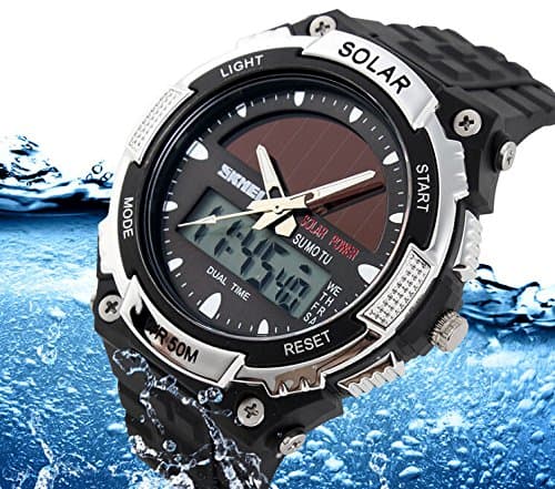 MASTOP Solar Powered Energy Watch for Men Military Digital Multifunctional Led Luminous Indication 2 Time Zone 50m Waterproof Watch Reloj Solar para Hombre