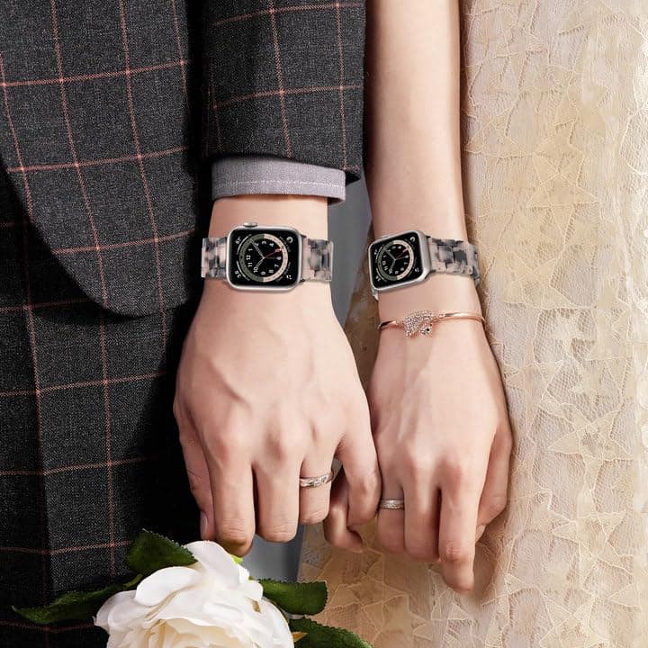 V.R.HOPE Resin Watch Band Compatible with Apple Watch Band for Women 38mm 40mm 41mm 42mm Tortoise Fashion Lightweight Bracelet Strap for iWatch Series 11/10/9/8/7/6/5/4/3/2/1/SE3 (Black Floral)