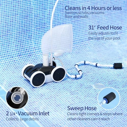 Amptyhub Upgrade Pool Pressure Side Sweeper: Professional Solution for Cleaning Your Swimming Pool (Four Wheels Better Than Three)