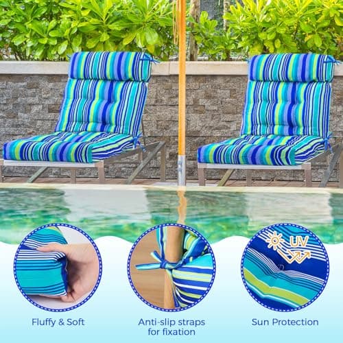 Barydat 4 Pcs Tufted High Back Chair Cushion Indoor Outdoor Seat and Back Cushions Palm Leaves Tropical Plants Lawn Rocking Chair Pads with Ties for Adirondack Patio Garden(Blue Stripes)