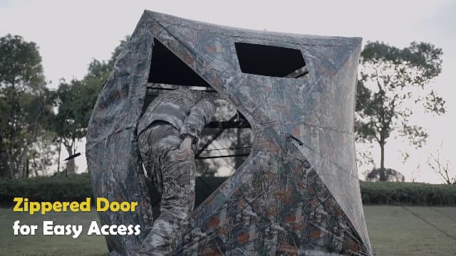 Tangkula Extra Tall 3-4 Person Hunting Blind, 270 Degree See Through Ground Blind with Silent Slide Windows, Zippered Door, Carry Bag, Pop Up Deer Blind for Turkey Hunting, Camouflage