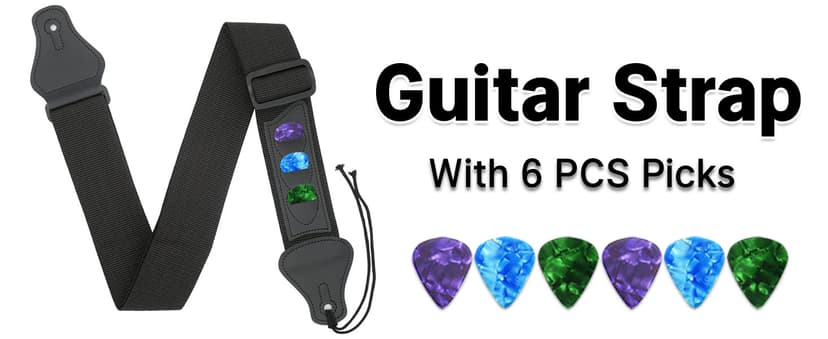 Qiifaiikooii Guitar Strap With 3 Pick Holders,6 Pcs Picks Guitar Accessories,Easy to Install(Black)