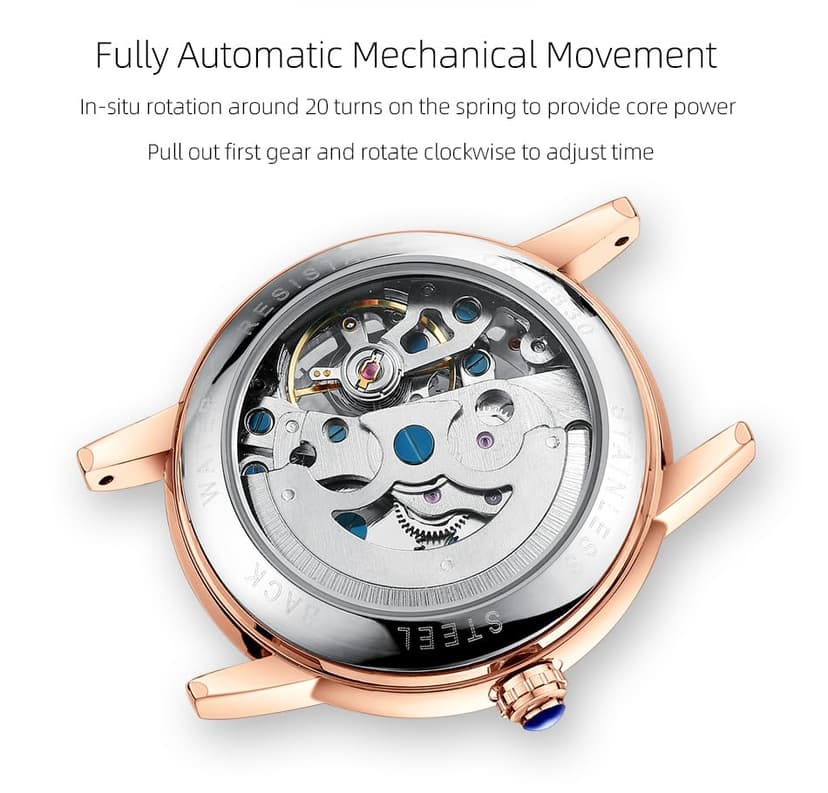 MASTOP Women's Sapphire Watches Automatic Steampunk Self Winding Mechanical Gold Bracelet Ladies Skeleton Wrist Watch Leather Strap for Ladies Famale