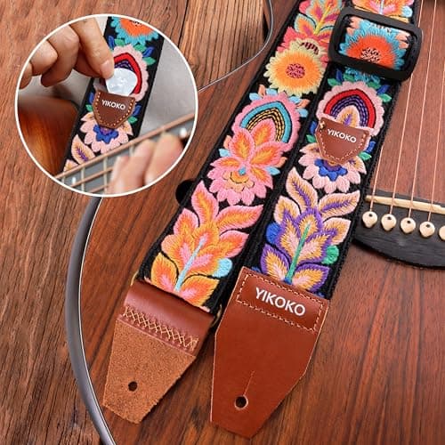 YIKOKO Guitar Strap，2 inch Flower Knit Cotton Guitar Straps with Full Grain Leather End, for Bass Electric and Acoustic Guitars, Free Strap Button, 2 Strap Locks and 4 Guitar Picks