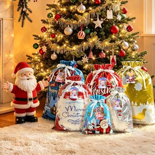 14 Styles Colorful Xmas gifts Bags with 20 Cards for Gifts Holiday Present Wrapping Xmas Decor 20 Pcs Christmas Drawstring Gift Bags, Assorted Sizes with More Large Bag. B0H7MP6FX5
