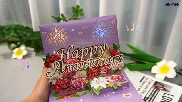 Airpark Anniversary Card with Music & Lights, 3D Pop Up Happy Anniversary Cards for Him Her Husband Wife Couple, Fireworks & Rose Lily Paper Flowers