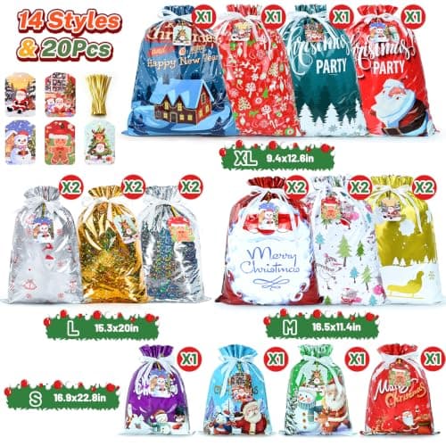 14 Styles Colorful Xmas gifts Bags with 20 Cards for Gifts Holiday Present Wrapping Xmas Decor 20 Pcs Christmas Drawstring Gift Bags, Assorted Sizes with More Large Bag. B0H7MP6FX5