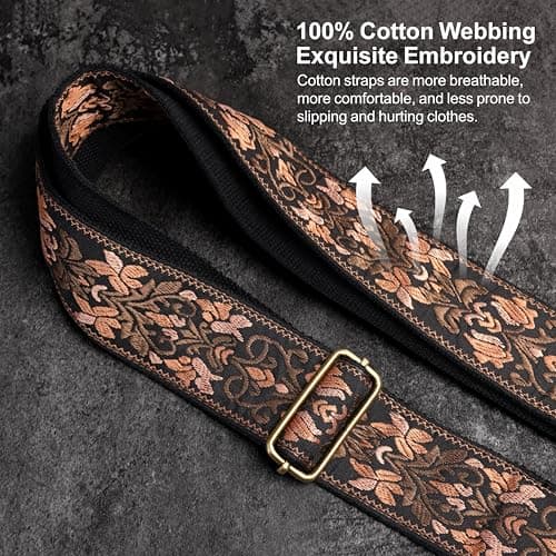 Nefelibata Guitar Strap,Jacquard Embroidery Cotton Guitar Straps with Crazy Horse Leather Ends for Bass, Electric & Acoustic, Best Gifts for Kids, Guitarists(Embroidered Gold Flower)