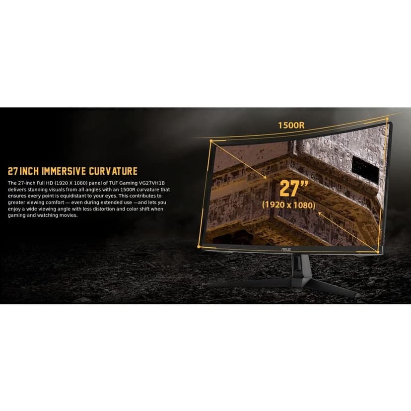 ASUS TUF Gaming VG27VH1B 27” Curved Monitor, 1080P Full HD, 165Hz (Supports 144Hz), Extreme Low Motion Blur, Adaptive-sync, FreeSync Premium, 1ms, Eye Care, HDMI D-Sub, Black