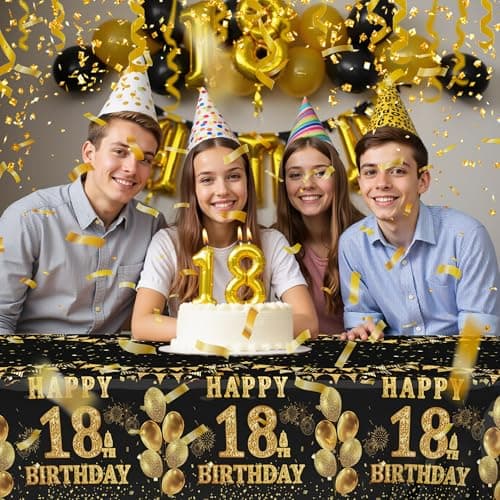 Labeol 3 Pack 18th Birthday Tablecloth, Black and Gold Happy 18th Birthday Decorations, Disposable Plastic Rectangular Table Cover Party Supplies for Boys Girls