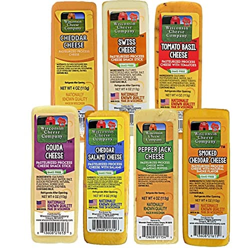 Wisconsin Cheese Company - Specialty 100% Wisconsin Cheese Block Assortment Sampler - (Pack of 7 Blocks) Cheddar, Pepper Jack, Swiss, Gouda, Salami, Smoked Cheddar & Tomato Basil | Locally Sourced | Perfect for Parties, Charcuterie Boards and Birthday Gifts | Great Birthday Gift for Cheese Lovers
