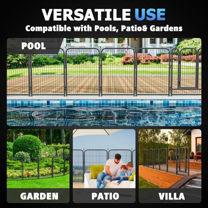 Metal Swimming Pool Fence 36.75ft (L) × 40in (H) with 16 Panels, in Ground Pool Safety Fence, Protective Barrier with Reinforced Stakes, Compatible with Patios & Gardens, Black-Silver