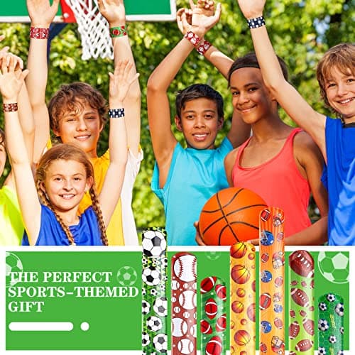 Deekin 48 Pcs Sports Party Favors Slap Bracelets Football Baseball Soccer Snap Bracelet Bands Slap Bands Colorful Decorations for Kids Birthday Party Supplies, 8.8 x 1.2 Inch