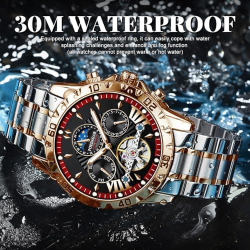 FORSINING Mechanical Men's Watch, Moon Phase Tourbillon Automatic Self-Wind Wristwatch, Luxury Stainless Steel Band 43mm Big Dial Mens Wrist Watch with 3 Sub Dial