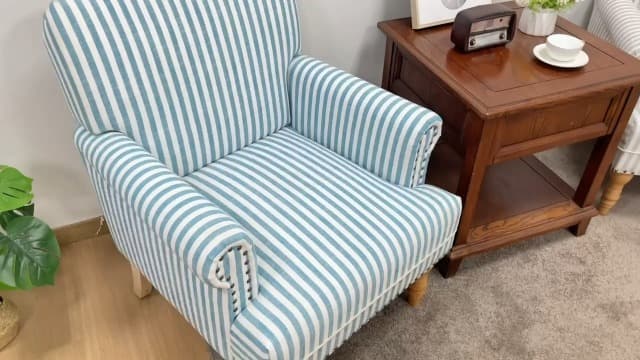 HUIMO Linen Fabric Accent Chair, Mid-Century Modern Armchair with Solid Wood Legs, Single Sofa Chair,Upholstered Reading Club Chair (1, Dark Blue and White Stripe)