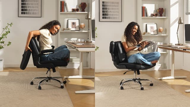 Criss Cross Office Chair with 2-in-1 Flip Backrest – Ergonomic PU Leather Floor Sitting Chair, Adjustable Height, 360° Swivel & Flip-Up Arms, Extra-Wide Seat for Home Office, Vanity, Nail Salon-Black