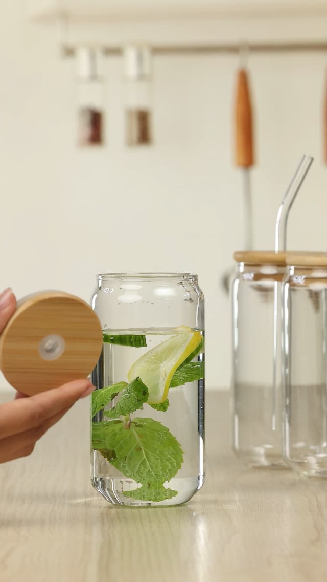 Drinking Glasses with Bamboo Lids and Glass Straw 4pcs Set - 16oz Glass Cups, Iced Coffee Glasses, Cute iced Tea Glasses, Beer Glasses, Ideal for Coffee Bar Accessories, Aesthetic Gift - 2 Brushes