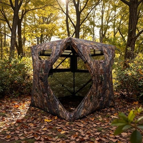 FUNHORUN Hunting Blind with Floor Mat, 360 Degree See Through Ground Blind with Carrying Bag, 2/3/4 Person Pop Up Camouflage Tent Portable Concealed Shelter