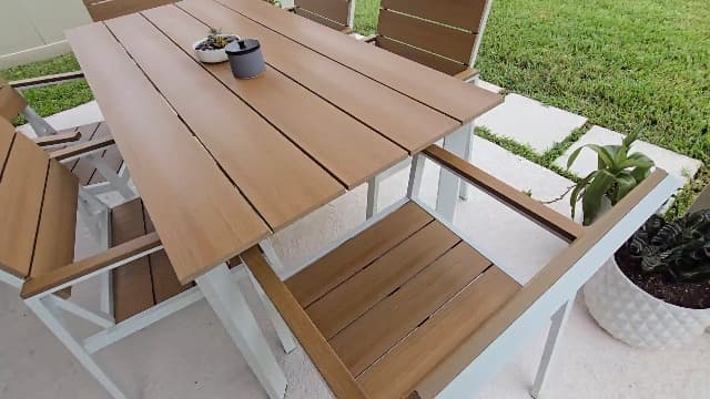 Outdoor Dining Set, Patio Table and Chairs Set with Umbrella Hole, 7 Pieces HDPS + Aluminum Patio Dining Furniture Set for Backyard, Garden (Gray & Teak)