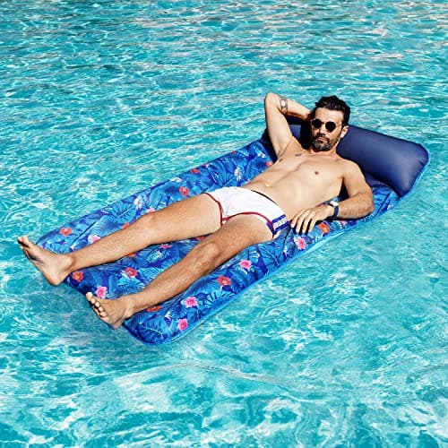 FindUWill Oversized Pool Float Lounge, 72" X 37" Extra Large Fabric-Covered Pool Floats for Adults, Inflatable Contour Lounger with Headrest Ultra-Comfort Cooling Pool Raft (XL, Monstera)