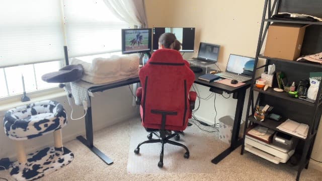 SUKIDA Fabric Video Gaming Chair, Ergonomic High-Back Computer Game Chairs with Large Massage Adjustable Lumbar Support, Headrest and Linked Armrests for Long Hours Sitting Task Chair, Red