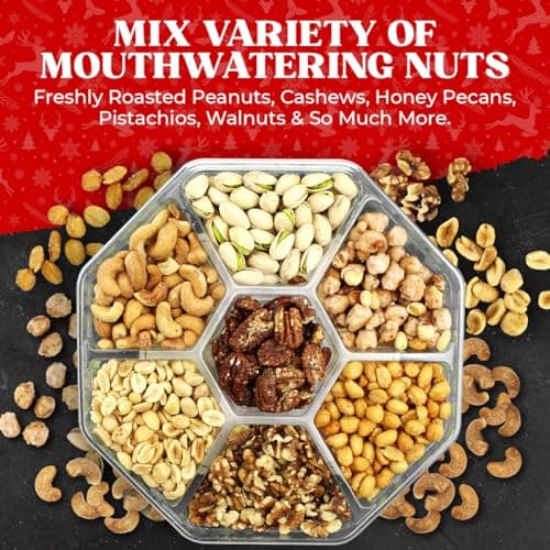 Christmas Nuts Gift Basket for Holiday Season, Premium Mixed Nut Assortment Gift Gourmet Snack Food Present Box, Christmas Gift Basket for Family (7 Sectional)