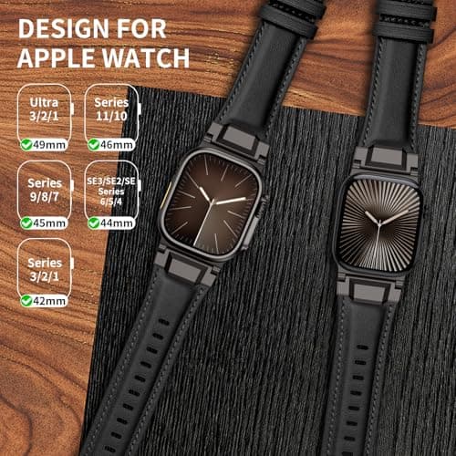 LOIRNBR Leather Bands Compatible with Apple Watch Ultra 3/2/1 Band 49mm 46mm 45mm 44mm 42mm Men, Genuine Leather Metal Connector Strap for iWatch Ultra Series 11/10/9/8/7/SE/6/5/4/3/2/1, Black/Black