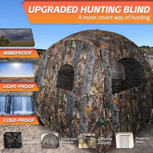 FUNHORUN Hunting Blind 360 Degree See Through with Floor Mat, 2/3 Person Ground Blind, Quick Set Pop Up Tent, Spring Steel Camouflage Tent for Deer and Turkey