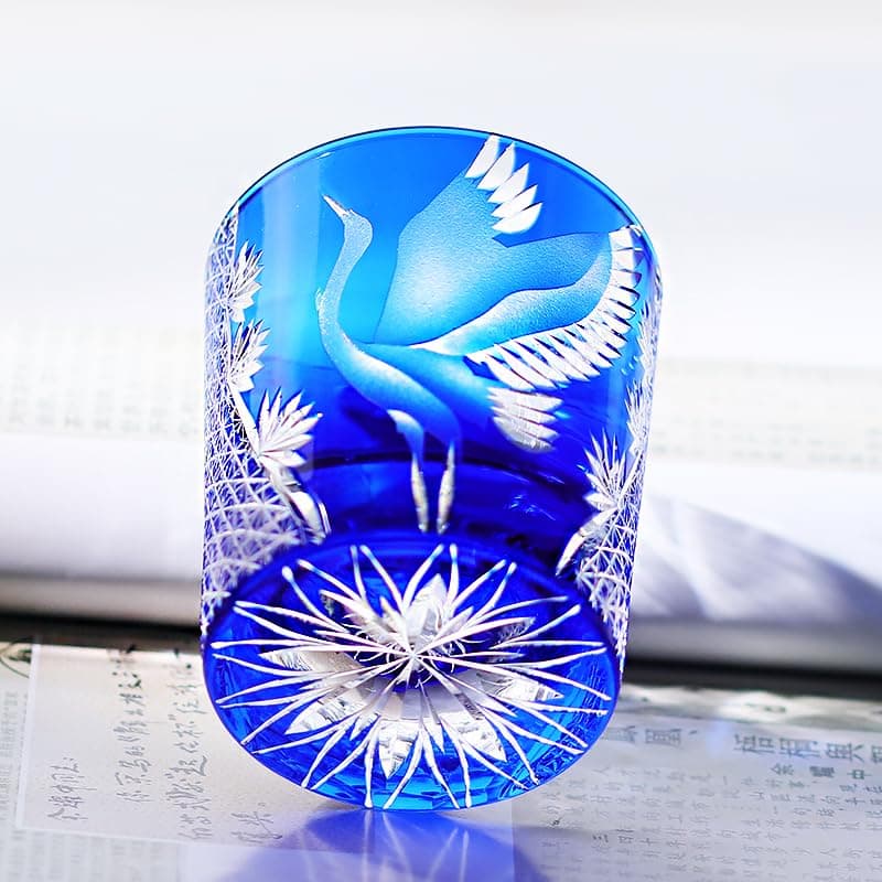JNZHI Edo Kiriko Sunkazuru Whiskey Glass – Hand-Cut Pine and Crane Design Crystal Rock Glass for Scotch, Bourbon, Cocktails – Japanese Traditional Art Crafted Barware, Gift for Holidays (blue)