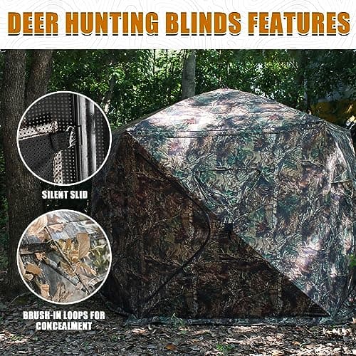 Extra Large Hunting Blind 4 Person with Portable Hunting Chair, 288/360 Degree See Through Pop up Ground Blinds for Deer Turkey Duck Hunting, Bow Hunting Adjust Windows with Silent Zipper