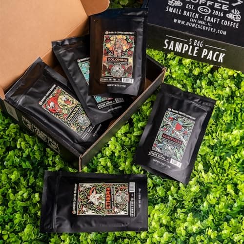 Bones Coffee Company NEW World Tour Sample Pack, Single-Origin Flavored Coffee Low Acid Medium Roast Arabica Beans Specialty Coffee Gifts Compatible Auto Drip and French Press, 4 oz Pack of 5 Ground B0BBY6V5T3