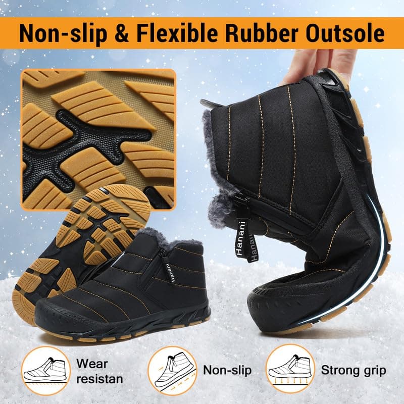 Hanani Mens Snow Boots Waterproof Winter Boots for Men Fur Lined Warm Ankle Boots Zipper Closure Slip on Outdoor Boot Comfortable Walking Shoes