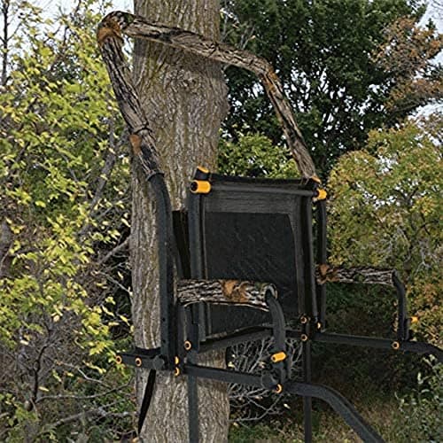 MUDDY 1-Person Huntsman Deluxe Steel Ladder Tree Stand, 17 ft Tall, 300 lb Capacity - Heavy-Duty Hunting Treestand with Lumbar Support Seat, Flip-Back Adjustable Shooting Rail & Silencer Technology