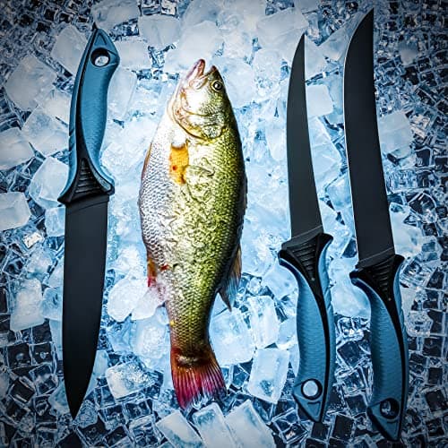 KNINE OUTDOORS Fish Fillet Knife Set Curved Flex 7 inch 9 inch Filet Knife for Filleting and Boning, Non-Slip Handles, Includes Fishing Braid Line Scissors, Fish Dressing Scissors, Filleting Pad