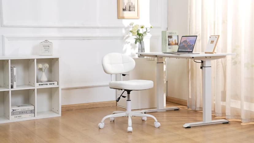 Misolant Vanity Chair with Back, Small Armless Cute office Chair with wheels and Lumbar support, Comfy PU Leather Desk Computer Chairs with Adjustable Height, 360°Swivel for Home Bedroom Office, White