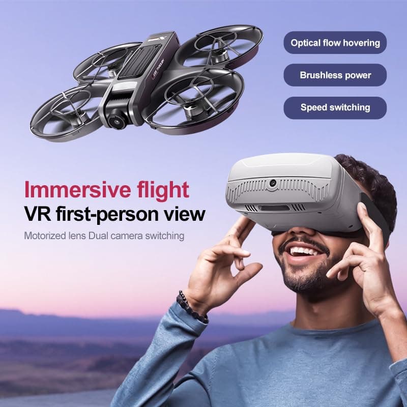 VR FPV Drone, Experience First-Person View Flight, Comes With a VR Goggle Kit and Remote Controller. The Drone Features a Full Propeller Protection Guard and Collision-Resistant Structure, Making It Easy to Operate and Perfect for Beginners. Equipped With an Optical Flow Positioning System and Brushless Motors for Smoother and More Precise Flight. FPV Quadcopter for Entertainment or as a High-Performance Remote Control Helicopter.