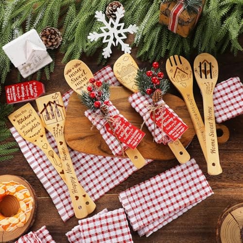 Mimorou 12 Set Neighbors Gift for Christmas Housewarming Neighbors Birthday Welcome Christmas Appreciation Gifts Xmas Kitchen Cooking Utensils Set with Spoon Towels Artificial Pine Picks Thank You Tag