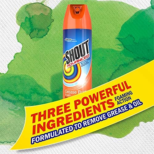 Shout Advanced Grease Busting Foam, Laundry Stain Remover, Oil and Grease Stain Remover for Clothes Laundry; Works on motor oil, bike grease, cooking oil, and more! 18oz Can