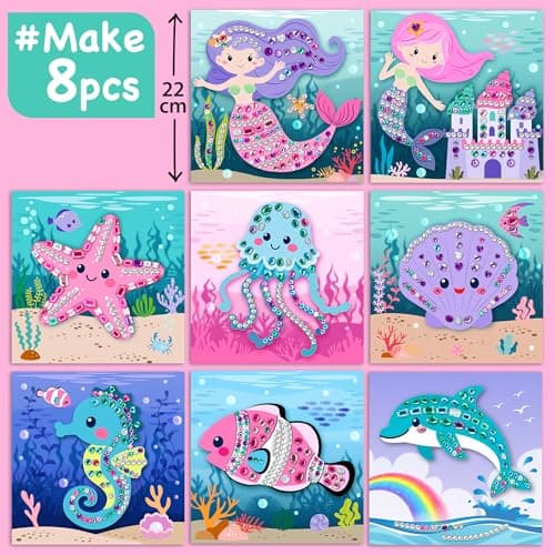 Mermaid crafts and gem art for kids ages 3-8; gem sticker kit with 8 ocean projects; no glue, screen-free birthday gift EZCRA Mermaid Gem Sticker Kit for Kids - 800 Stickers, 8 Underwater Themes B0GFMN37ZV