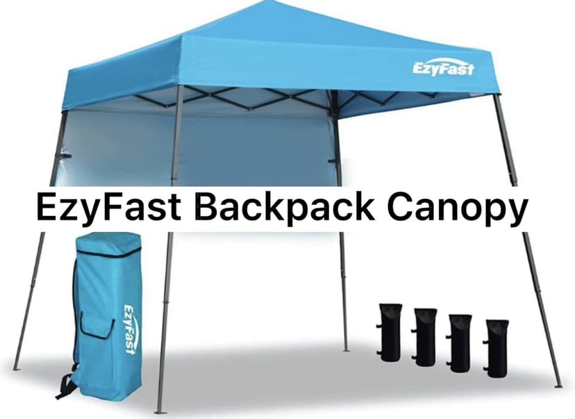 EzyFast Ultra Compact Backpack Canopy, Pop Up Shelter, Portable Sports Cabana, 7.5 x 7.5 ft Base / 6 x 6 ft top for Hiking, Camping, Fishing, Picnic, Family Outings
