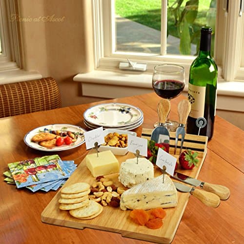 Picnic at Ascot Personalized Monogrammed Laser Engraved Hardwood Board for Cheese & Appetizers - Includes 4 Cheese Knives, Cheese Markers & Ceramic Dish - Designed in California