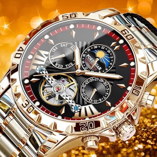 FORSINING Mechanical Men's Watch, Moon Phase Tourbillon Automatic Self-Wind Wristwatch, Luxury Stainless Steel Band 43mm Big Dial Mens Wrist Watch with 3 Sub Dial